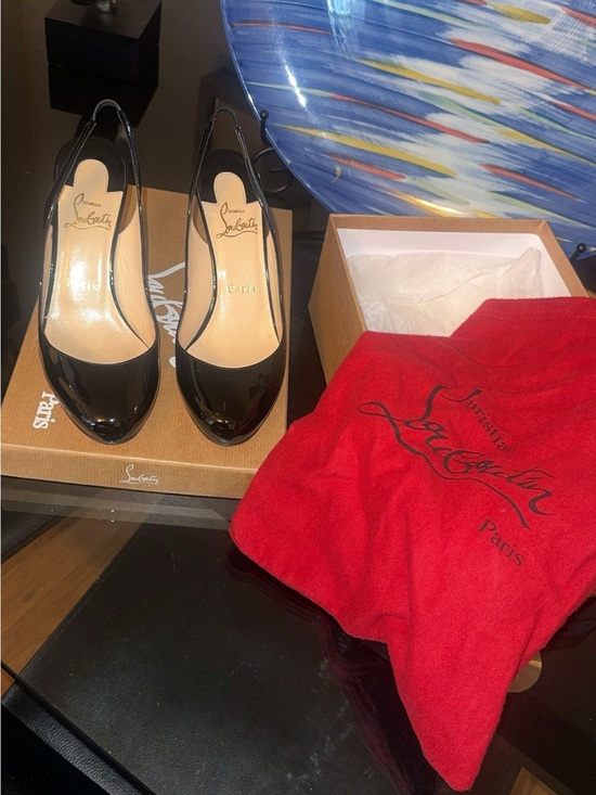 Christian Louboutin Black Patent Leather Slingback Pumps with Red Dust Bag